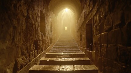 Dimly lit tunnel with sunlight streaming through, illuminating stone steps and creating a mystical atmosphere.