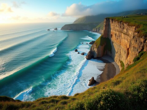 Impresionante vista a&eacute;rea de los serenos acantilados costeros, donde las olas turquesas del oc&eacute;ano chocan contra las rocas escarpadas y erosionadas

