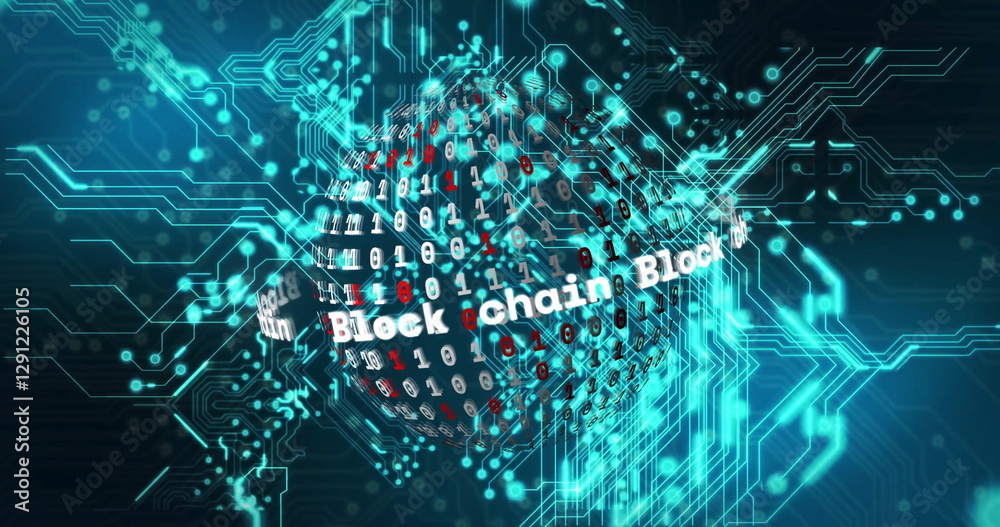 Poster blockchain and data processing image over digital circuit board background