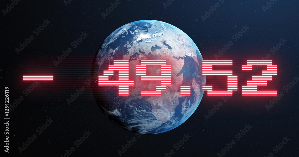 Poster rotating earth with red numerical data image over space background