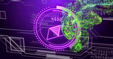 Digital data processing image over abstract geometric shapes and green particles