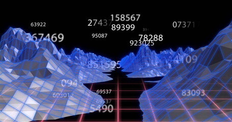 3D grid landscape with floating numbers image over blue wireframe mountains