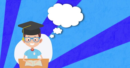 Obraz premium Graduation cap and thought bubbles image over cartoon student reading book