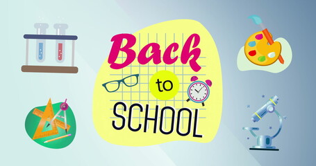 Back to School text image with school supplies icons on light blue background