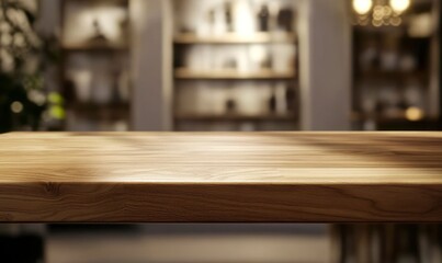 Empty wooden table top with a blurred background of a coffee shop, restaurant, or bar interior for a product display montage mock-up design template in a flat style.