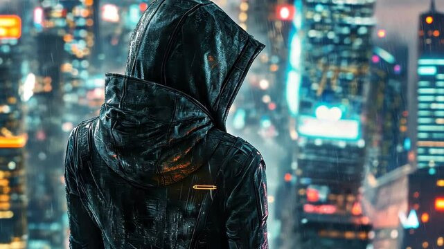 Female assassin surveys futuristic cityscape during a rain-soaked night, Female assassin in futuristic city zoom out