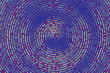 Blue, red, white, yellow colorful halftone festival background. Radial halftone gradient background. Fading effect polka dot multicolor background for fabric, banner, poster, web, wallpaper and more.