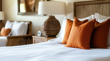 luxurious hotel room with comfortable bedding and warm decor