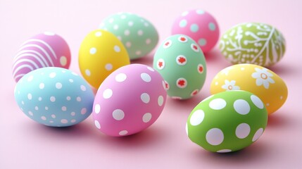 Vibrant Easter Eggs with Polka Dots on Pastel Background, Close-Up View. Joyful Easter Decorations, Cartoon Illustration, Flat Lay Artwork.