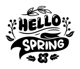 Hello Spring. Whimsical vector illustration of lettering, embellished with flowers and lush leaves, embodying the spirit of springs renewal and beauty.