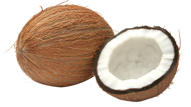 A tropical coconut, whole and split in half, showing the smooth, white inner flesh, resting on a pure white background