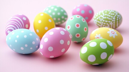 Obraz premium Vibrant Easter Eggs with Polka Dots on Pastel Background, Close-Up View. Joyful Easter Decorations, Cartoon Illustration, Flat Lay Artwork.