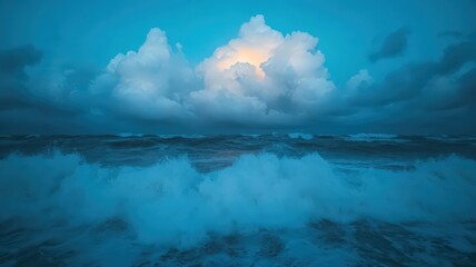 Fototapeta premium Ocean Waves at Twilight Blue Tones and Luminous Clouds