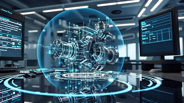Futuristic Engineering System with 3D Visualized Digital Model and Data on Computer Screens in a Tech Lab

