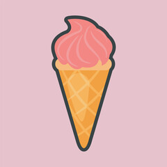 strawberry ice cream cone with outline flat vector design.