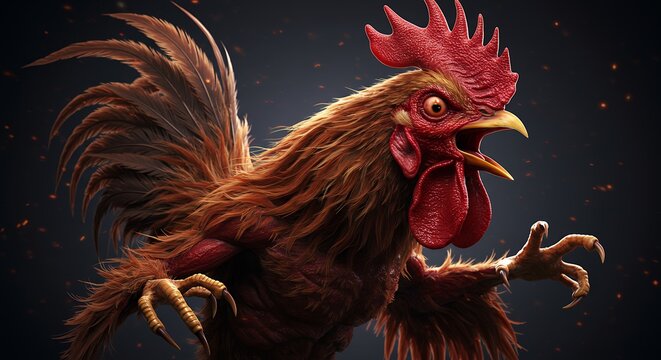 Fierce looking rooster crowing with feathers ruffled against dark background