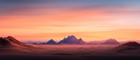 Desert Landscape with Distant Mountains at Sunset