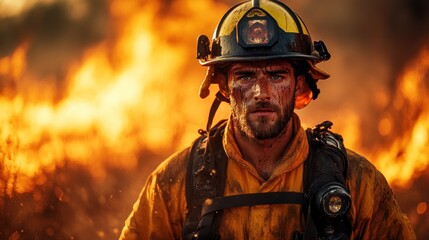 Naklejka premium Brave Firefighter Facing Wildfire Inferno