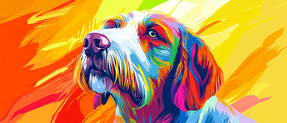 Vibrant Spinone Italiano Dog with Colorful Abstract Coat Design Showcasing Unique Patterns and Textures Perfect for Art Lovers and Dog Enthusiasts Alike in a Stunning Visual Display