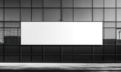 a blank white banner on the side of an office building, with reflections in its windows, representing advertising mockups for branding and digital marketing