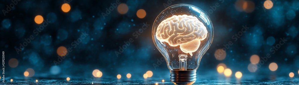 Wall mural A light bulb with a white human brain inside, glowing brightly, representing a moment of inspiration, vibrant details, modern concept, Midjourney AI