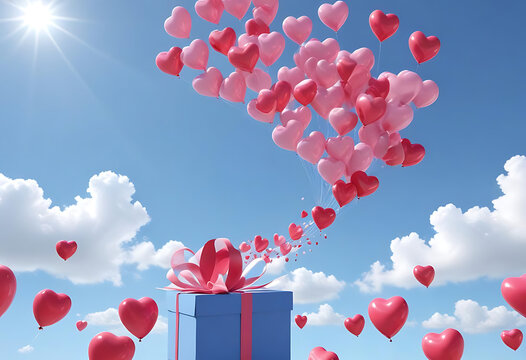 Red and pink heart balloons are escaping a gift box
