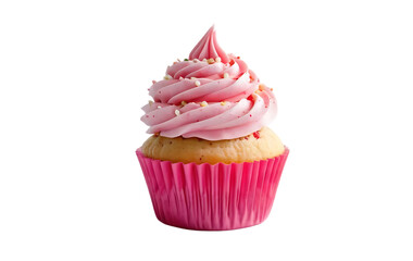 Pink cupcake with vanilla frosting and sprinkles isolated on white and transparent background – perfect for dessert and food themes