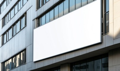 Fototapeta premium a blank white banner on the side of an office building, with reflections in its windows, representing advertising mockups for branding and digital marketing