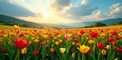 Un campo de flores en flor bajo un cielo anaranjado, campo, atardecer, verde