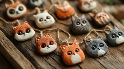  Polymer clay keychains shaped like tiny animals, including fox, owl, and rabbit. Expressive eyes, detailed fur patterns, twine loops attached, rustic wooden plank, soft natural light.