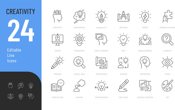 Creativity Line Editable Icons set. Vector illustration in modern thin line style of inventiveness related icons: imagination, innovation, inspiration, originality, and more
