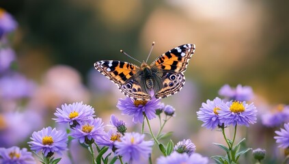 Fototapeta premium Orange Butterfly on Purple Flowers in a Garden