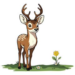 Cute Deer Standing in Grass, Vector Illustration