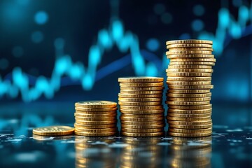 Stacks of gold coins stand against blue stock market charts in the background