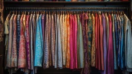 colorful fabric collection hanging in a closet