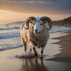 A serene white ram walking along a beach at sunset with waves gently touching its hooves.