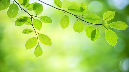 Bright Green Leaves on Branch, Nature Spring Background