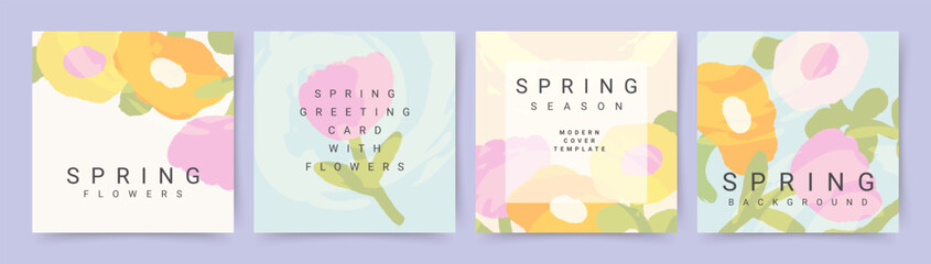 Abstract spring background set with a pattern of flowers and leaves. Trendy vector illustration for Mother's Day, Women's Day March 8, birthday, Easter for social media post, cover, card, advertising