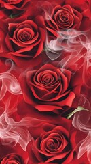 Naklejka premium Stunning Red Roses with Smoke Design - Romantic Floral Wallpaper
