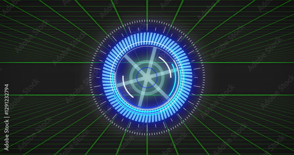Poster futuristic blue digital interface image with rotating elements over grid background