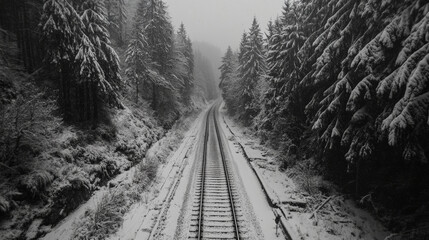 Fototapeta premium Snowy train tracks through dense forest winter landscape nature photography serene environment aerial view tranquility concept