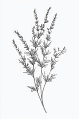 A delicate, vintage style botanical illustration of lavender sprigs, meticulously drawn with fine lines and subtle shading, giving it an old world charm.
