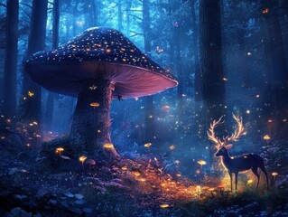 A serene forest scene featuring a majestic deer illuminated by glowing mushrooms under a starry sky, surrounded by ethereal butterflies and a mystical atmosphere