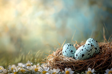 Obraz premium Easter festive background, template with nest and easter eggs