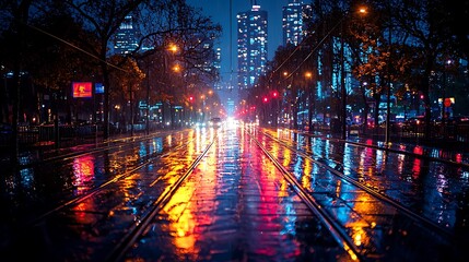 Rainy night city street scene, urban lights reflecting on wet pavement, skyscrapers in background