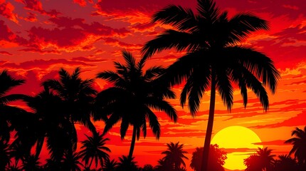 Naklejka premium Tropical palm trees at sunset, vivid orange sky with clouds.