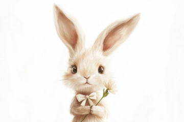 Illustration of a fluffy bunny with big ears and a tiny bow tie, holding a flower in its paw. The soft color palette and the endearing expression on the bunny face make it an adorable and charming