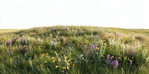 Fototapeta premium Colorful wildflowers in a vibrant summer meadow landscape. Blossoms and petals enhance natures beauty. Outdoors, this floral environment offers a lush, scenic meadow for seasonal, rural backgrounds.