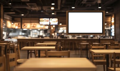 blank white digital signage screen in the middle of an American fast-food restaurant, with wooden tables and chairs around it. The background is blurred, showing other parts inside the store.