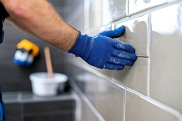A close-up reveals a worker applying finishing touches to a tiled wall, emphasizing the attention to detail and artistic effort involved in quality tile installation.